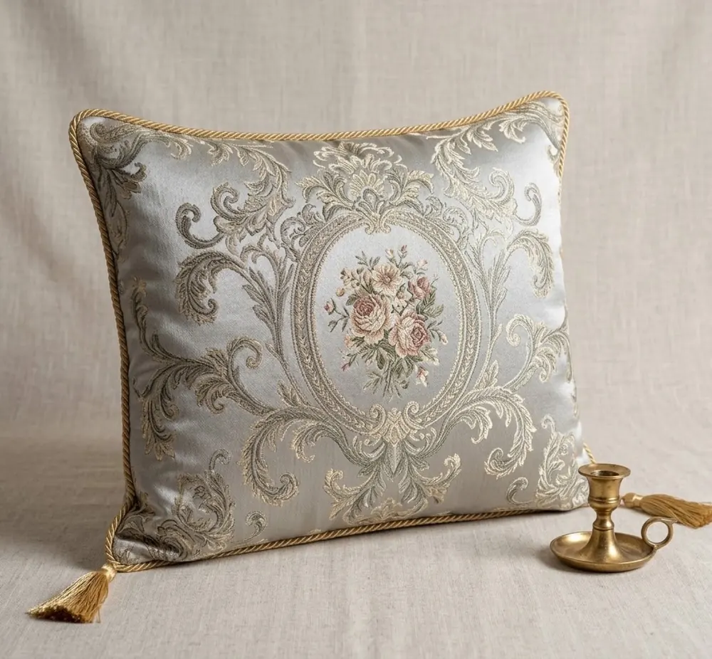 Damask jacquard scatter cushion with tassels, styled product shot by Huaming