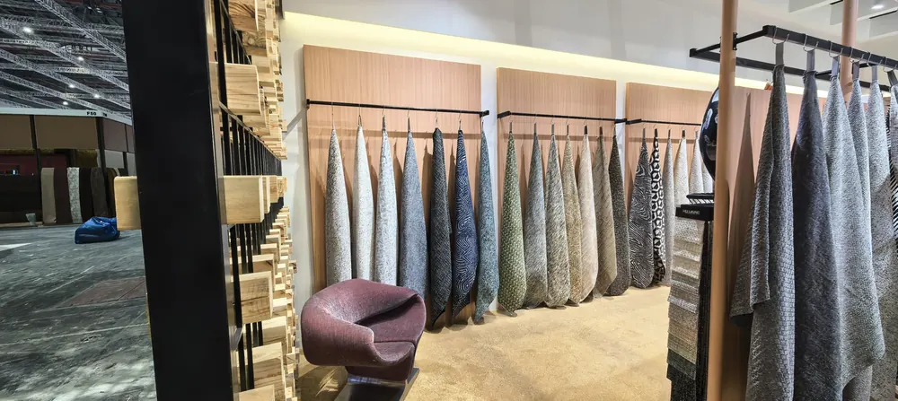 Woven drape and curtain fabric rail in the Huaming booth, Shanghai home textile fair 2026